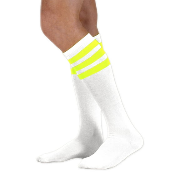 Neon Nation Unisex Adult White Knee High Socks with Various Colored Stripes (Neon Yellow Stripes)