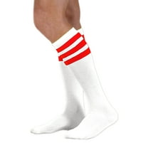 Neon Nation Unisex Adult White Knee High Socks with Various Colored Stripes (Red Stripes)