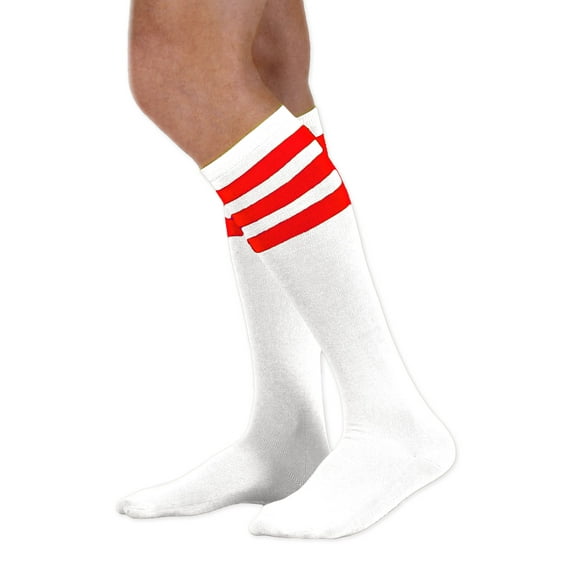 Neon Nation Unisex Adult White Knee High Socks with Various Colored Stripes (Red Stripes)