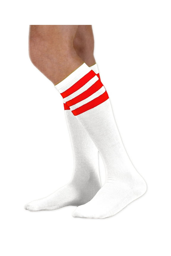 Unisex Adult White Knee High Socks with Various Colored Stripes (Red Stripes)