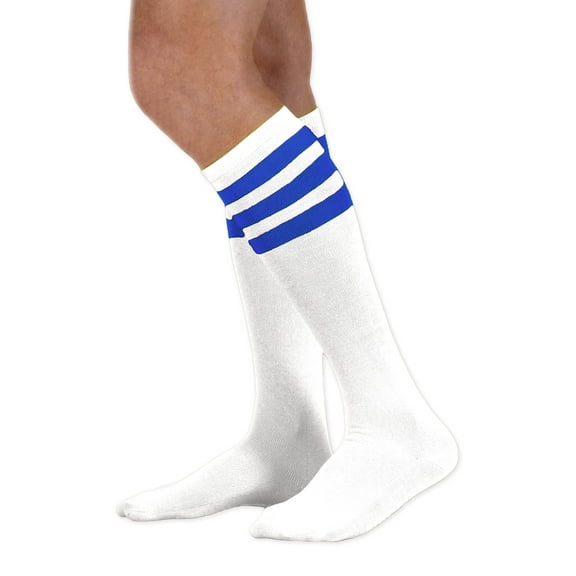 Neon Nation Unisex Adult White Knee High Socks with Various Colored Stripes (Royal Blue Stripes)