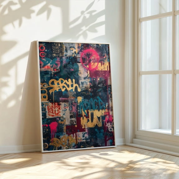 Neon Newsprint Riot Teal Rose Graffiti Collage Wall Art Home Decor Unframed Paper Print