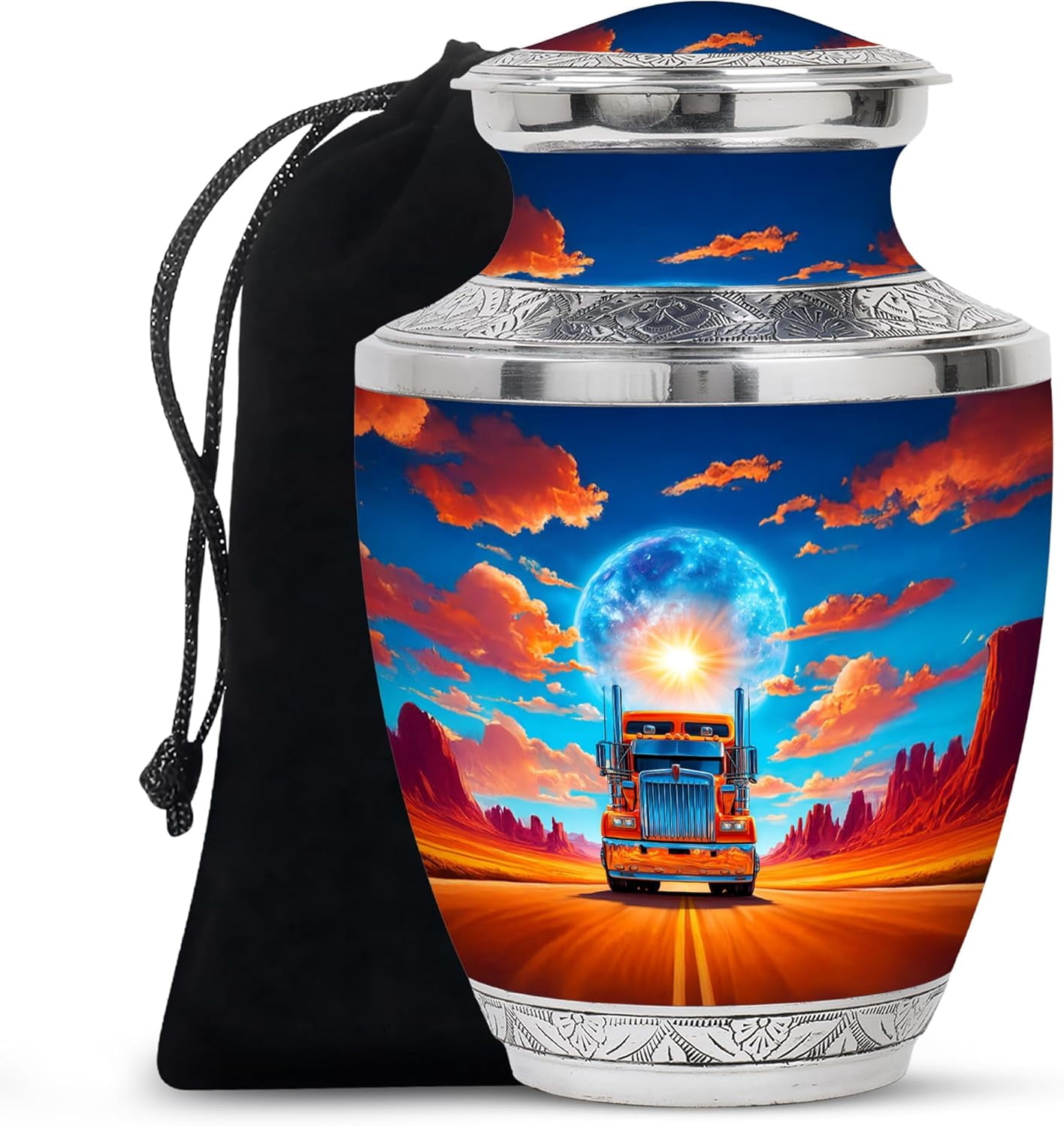 Neon Night City Skyline Funeral Memorial Urn For Ashes, Trucker Urn For Human Ashes Adult Male, Urns For Ashes, Cremation Decorative Urns For Human Ash, Size 6 Inch, 1 Pc