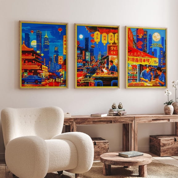 Neon Night Market Prints Futuristics Chinatown Asian Cityscape Street Food And Lanterns For Urbans, Poster Only