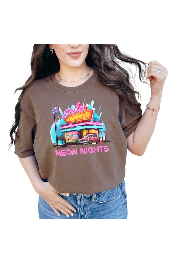 Neon Nights Graphic T-Shirt, Retro Neon Sign Art Tee, Vintage Car and Diner Tshirt, 80s Aesthetic Shirt, Vibrant Color Print Top, Espresso Comfort Colors T-Shirt, 3XL