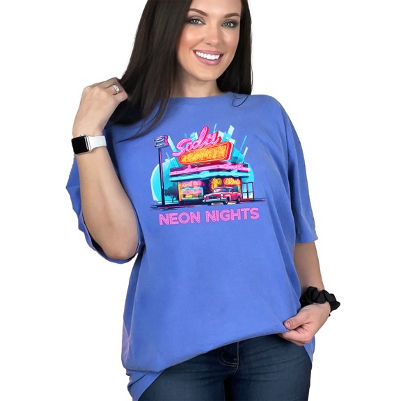 Neon Nights Graphic T-Shirt, Retro Neon Sign Art Tee, Vintage Car and Diner Tshirt, 80s Aesthetic Shirt, Vibrant Color Print Top, Flo Blue Comfort Colors T-Shirt, Large