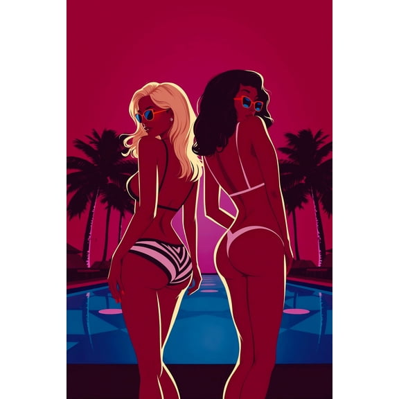 Neon Nights Poolside Poster – Retro Bikini Duo Glow Art Print 【Rolled Canvas】