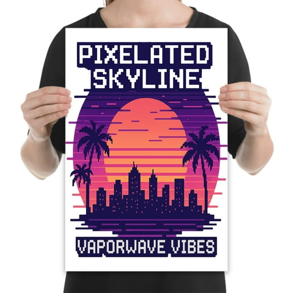 Pixel Skyline Art - Gamer Room Decor - 13x19 Poster Print - Vaporwave Style