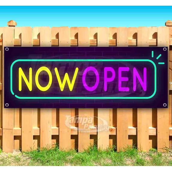 Neon Now Open 13 oz Vinyl Banner With Metal Grommets