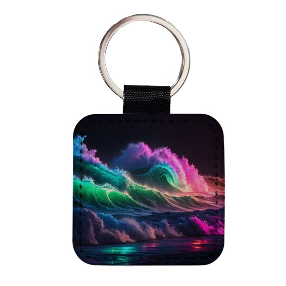 Neon Ocean Waves Beach Faux Leather Square Keychain