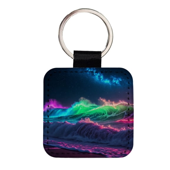 Neon Ocean Waves Night Faux Leather Square Keychain