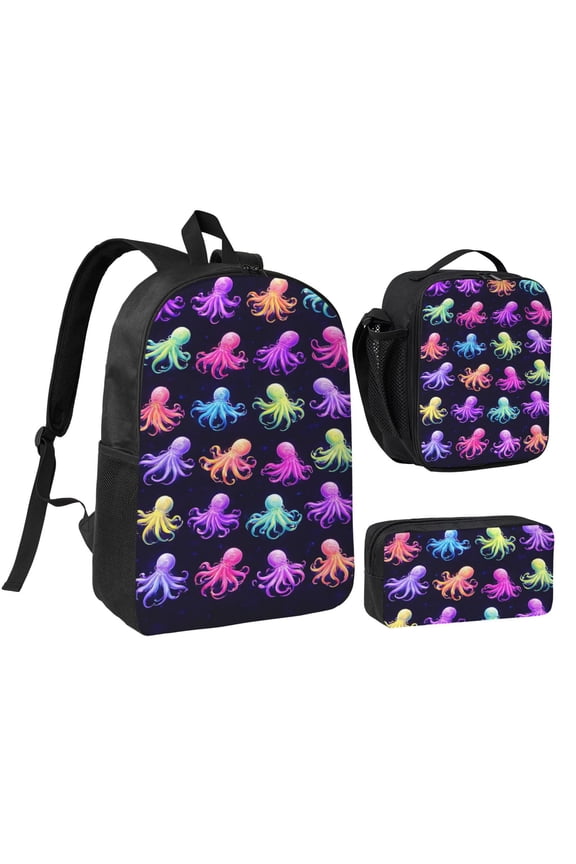 Neon Octopus Backpack Set 3pc Backpack with Lunch Bag and Bag 17 Inch
