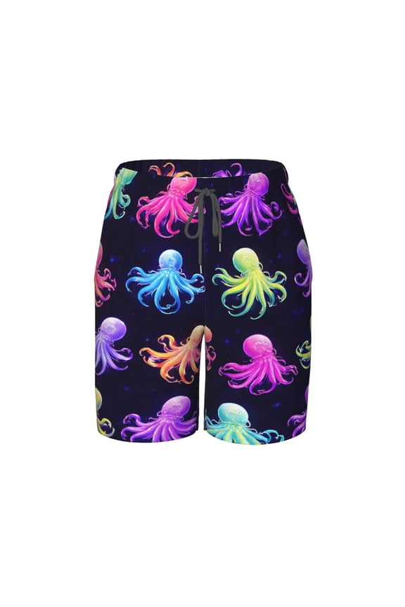Neon Octopus Beach Pants Teen Shorts with Mesh Lining and Drawstring