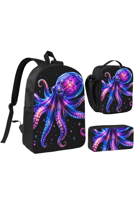Neon Octopus Bioluminescent Art 17-inch Laptop Backpack 3-Piece Set with Insulated Lunch Bag and Accessory Pouch, Rucksack for Teens Adults