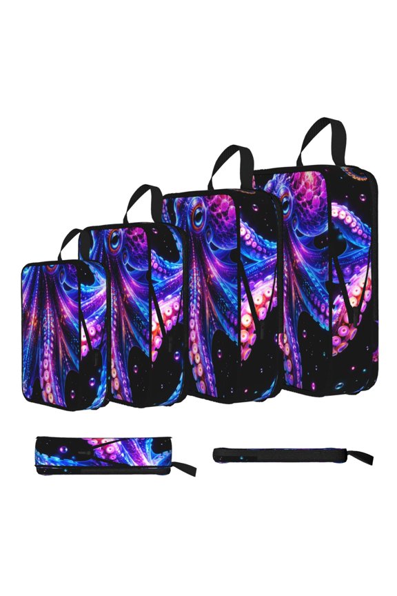 Neon Octopus Bioluminescent Art 4-Set Compression Packing Cubes, Expandable Travel Organizer Bags, Luggage Packing Organizers, S M L XL