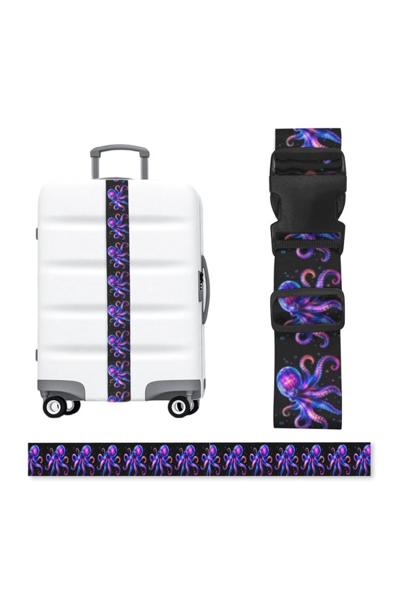 Neon Octopus Bioluminescent Art Adjustable Luggage Strap, 2-Inch Wide Heavy-Duty Suitcase Belt, Buckle Travel Bag Securing Band