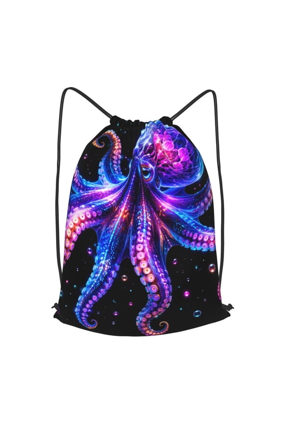 Neon Octopus Bioluminescent Art Drawstring Backpack Gym String Bag Sports Sackpack Cinch Sack, M