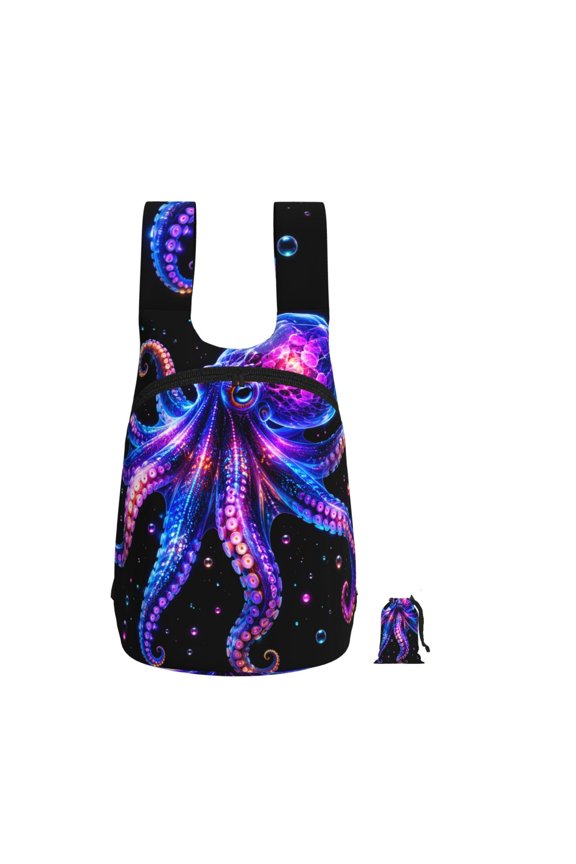 Neon Octopus Bioluminescent Art Foldable Storage Backpack Lightweight Packable Travel Daypack for Shopping Commuting Hiking