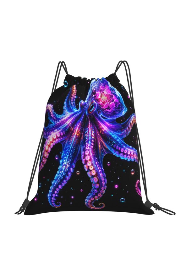 Neon Octopus Bioluminescent Art Large Drawstring Backpack Casual Cinch Sack Bag Backpack for Sports Hiking Travel Gym