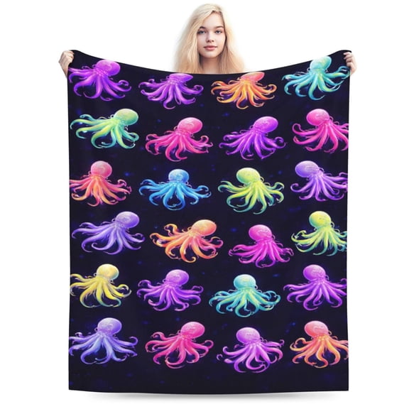 Neon Octopus Blanket, Colorful Ocean Throw, Psychedelic Marine Fleece Blanket for Summer Beach House Coastal Home Decor Gift 60x50