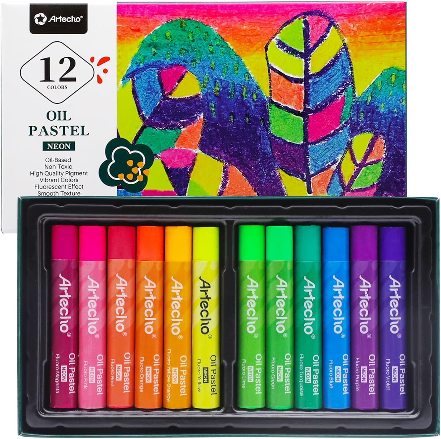 Neon Oil Pastels Set of 12 Colors, Soft Oil Pastels for Art Painting, Drawing, Blending (10 x 70 mm)