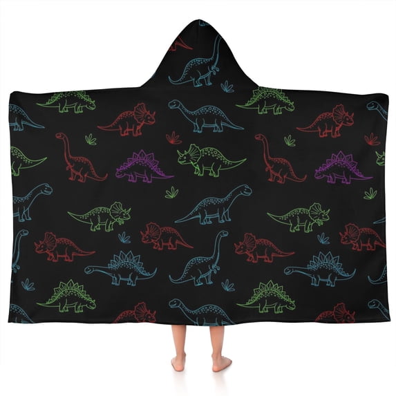 Neon Outline Dinosaurs Hooded Bath Towel,50"x30" for Ages 3 To 12 Kids, Quick Dry Lightweight Soft Microfiber Hood Beach Towel Cover Up for Kids
