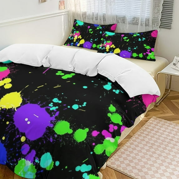 Neon Paint Splatters Duvet Cover Set Themed Multicolor Polyester Bedding Set for Bedroom Decoration