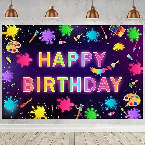 Neon Painting Birthday Party Decorations Let's Paint Happy Birthday Backdrop Neon Art Birthday Party Supplies Art Painting Crayon Birthday Party for Kids Party Wall Photography Background