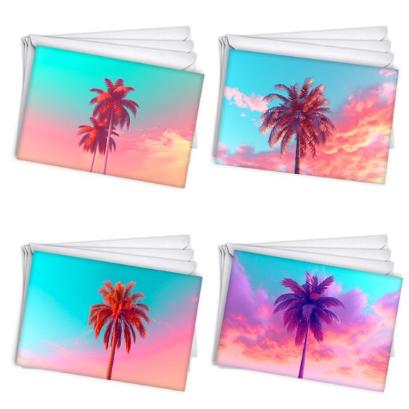 Neon Palm Tree Sunset All-Occasion Blank Note Greeting Cards | 24 Pack Assortment Bulk Variety Set (4x6)