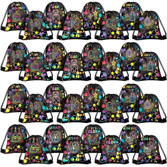 Neon Party Favor Bags 32 Pack Drawstring Gift Bags Birthday Decoration Supplies