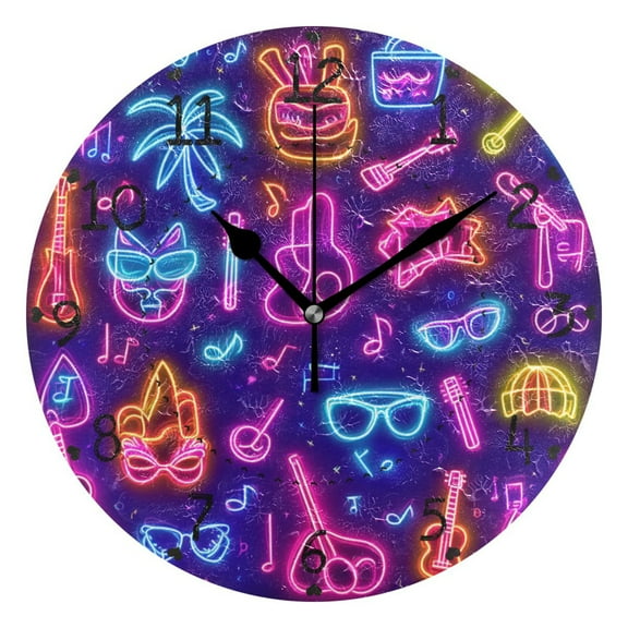 Neon Party Icons and Instruments Round Wall Clock Silent Battery Operated Home Decor for Living Room Bedroom