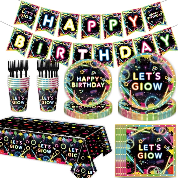 Neon Party Supplies,76Pcs Let Glow Party Decorations Including Disposable Paper Plates,Cups,Tablecloths Ets, Glow in the Dark Theme Decoration for Birthday Party