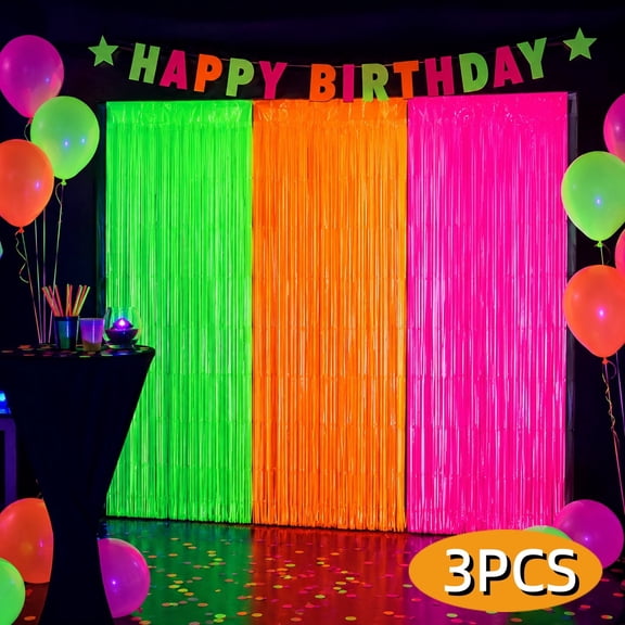 Neon Party Supplies Glow in The Dark Fluorescent Foil Fringe Curtain Neon Party Backdrop Wall Decor for Birthday Pool Halloween New Years Eve Party Supplies Green Pink Orange 3-Pack