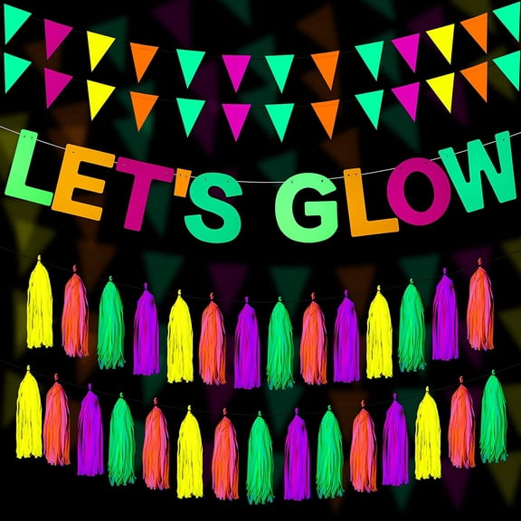 Neon Party Supplies Includes Let's Glow Banner 20 Pieces Neon Paper Tassels and Neon Triangle Flag Glow in The Dark Party Supplies Bunting Party Hanging Decorations for Halloween Birthday Party