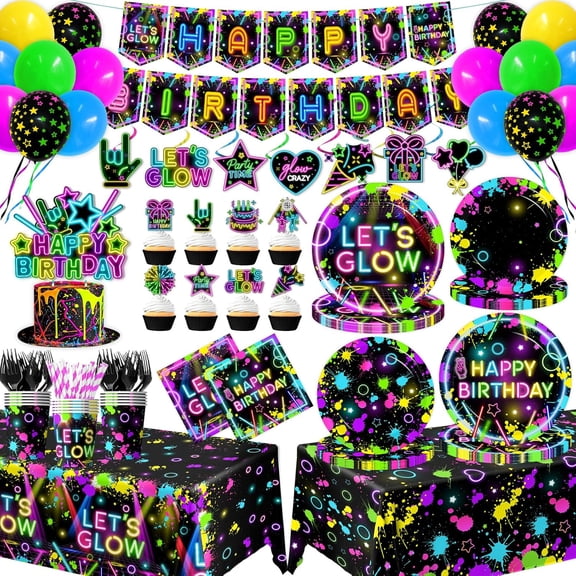 Neon Party Supplies Serves 24,Glow in The Dark Themed Tableware Including Plates,Napkins,Banner,Tablecloths Neon Birthday Party Decorations for Let's Glow Baby Shower Birthday Favors
