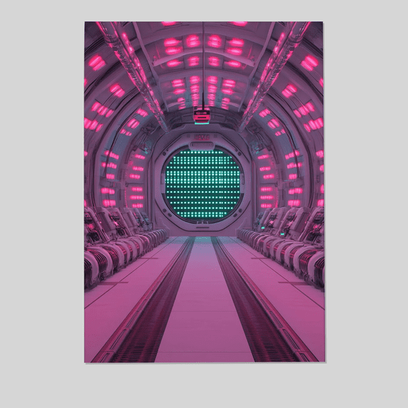 Neon Passage – Galactic Cyberpunk Sci-fi Wall Art – Vivid Spaceship Interior with Futuristic Passenger Seats – Cosmic Fantasy Framed Poster Full Size 24''x36'' The Golden Shop
