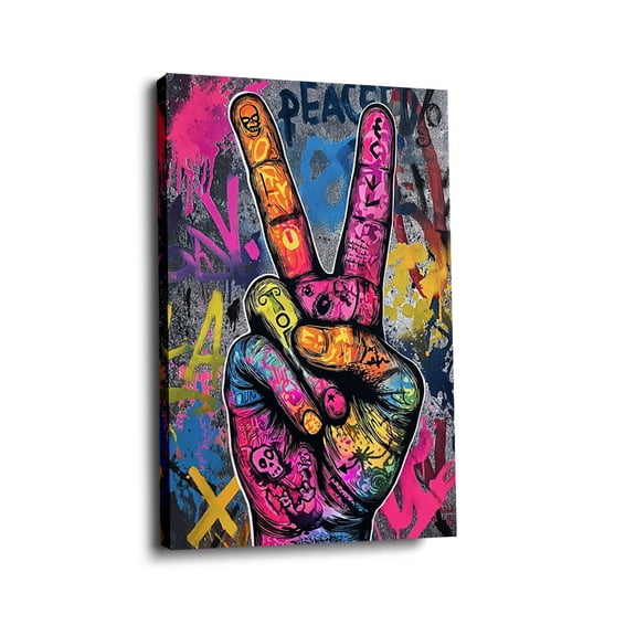 “Neon Peace Sign Hand” Vibrant Canvas Wall Art Ready to Hang for Living Room and Bedroom