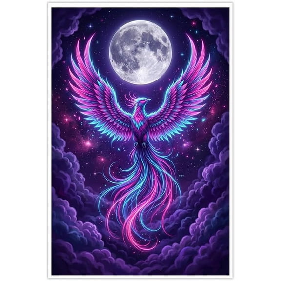 Neon Phoenix Wall Art Mythical Fantasy Bird Poster Mystic Moonlight Decor