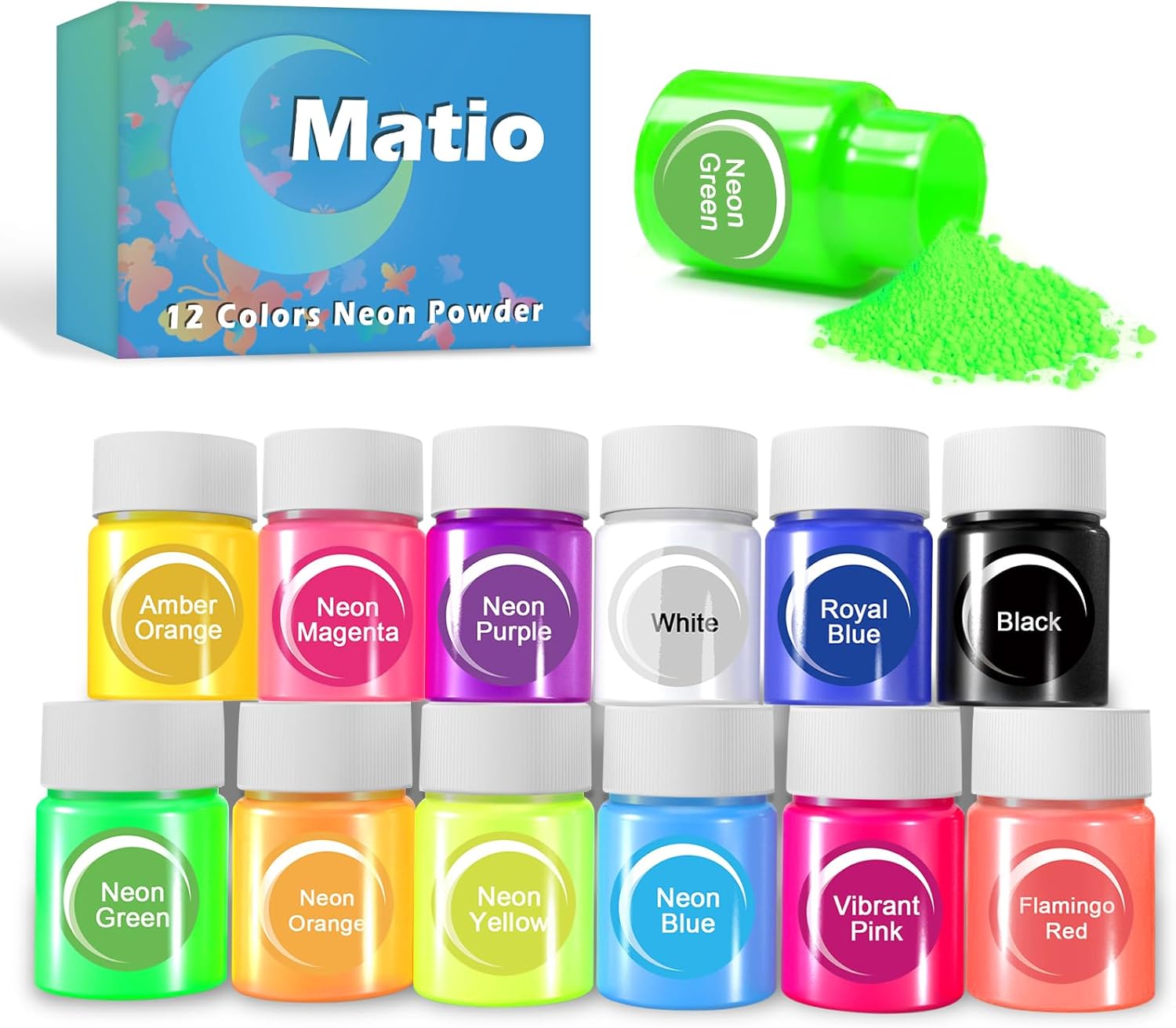 Neon Pigment Powder, 12 Colors Fluorescent Mica Powder Set 10g/Bottle ...