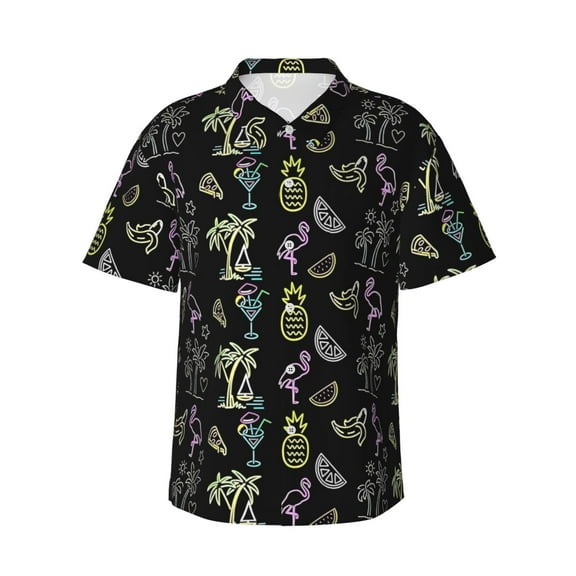 Neon Pineapple Flamingo Men'S 3d Print Casual Button Down Shirts, Novelty Hawaiian Short Sleeves L