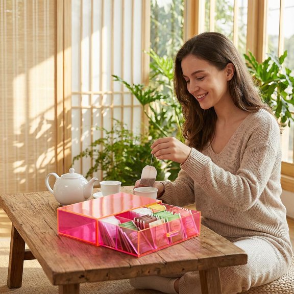 Neon Pink Acrylic Tea Bag Organizer with Drawer Stackable Storage Box for Countertop Kitchen