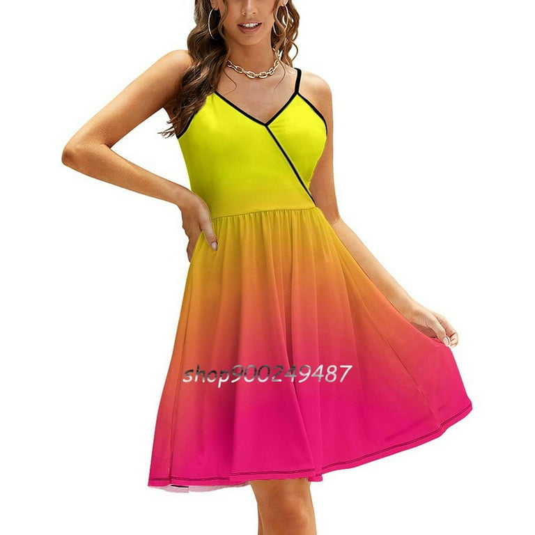 Neon Pink And Neon Yellow Ombre Shade Color Fade Square Neck Dress New Plus Size Elegant Women Waist Tight Dress Pink Neon Walmart