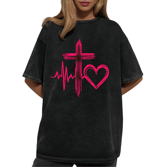 Neon Pink Cross Heartbeat Faith Wash Print Tshirt Graphic Tees Charcoal Oversize S-2XL Casual Tops