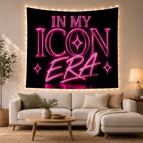 Neon Pink Glow Text on Solid Black Background, Energetic Retro for Women, Abstract Pop Art Decor, Birthday Gift, Tapestry Wall Hanging for Teen Bedroom and Dorm