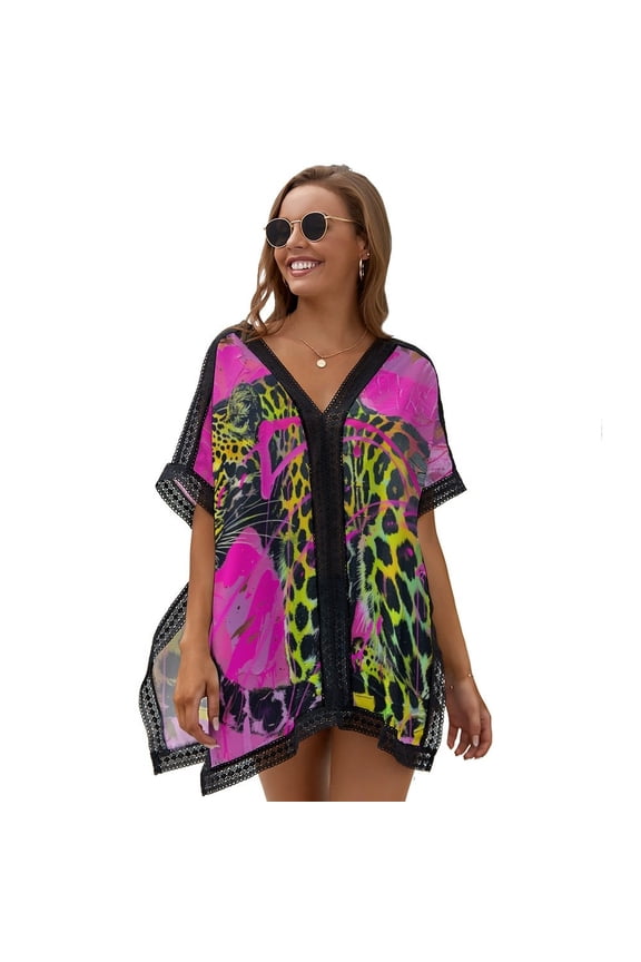 Neon Pink Leopard Beach Cover Ups for Women Bathing Suit Cover Up Lace Bikini Swimsuit Coverup Beach Dress Shirt One Size