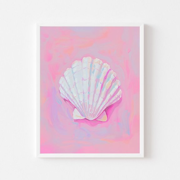 Neon Pink Seashell Girly Coastal Wall Art, Stretched Canvas Size 8x12