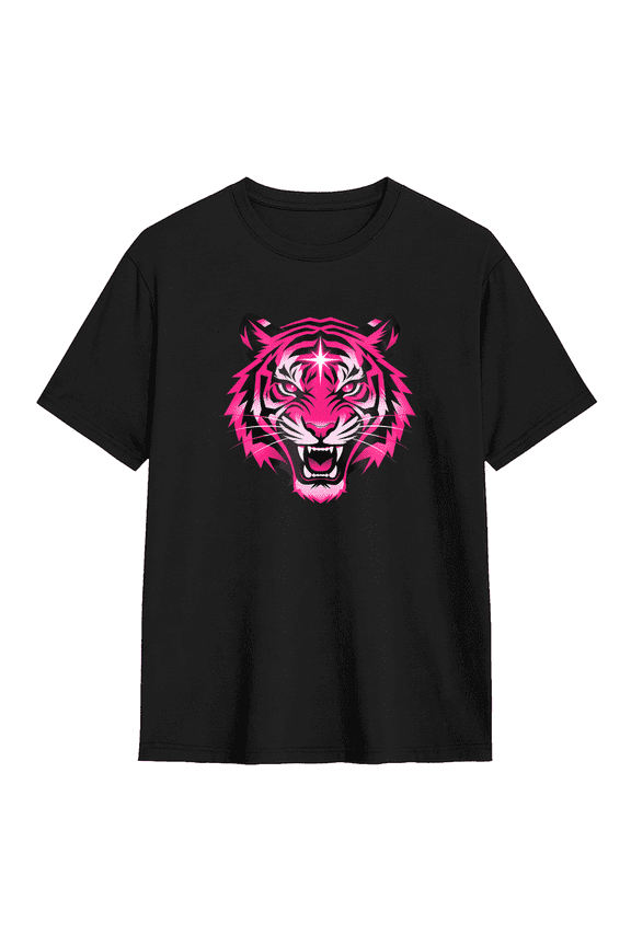Neon Pink Tiger Face Angry Growling Graphic Tee for Men and Women, Vaporwave Cyberpunk Cotton Short Sleeve T Shirt