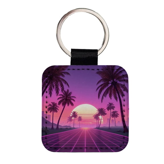 Neon Pinks Purples Palm Trees Sun Setting Faux Leather Square Keychain