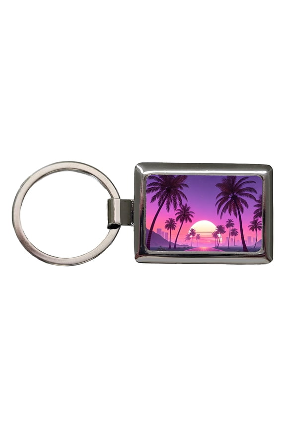 Neon Pinks Purples Palm Trees Sun Setting Metal Rectangle Keychain