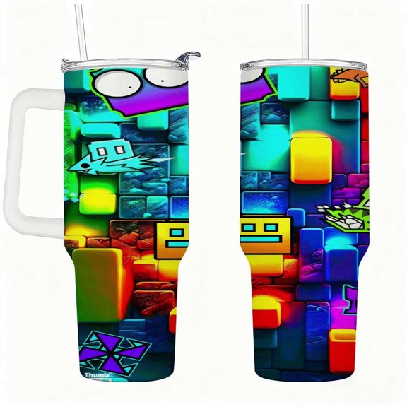 Neon Pixel Graffiti Stainless Steel Tumbler with Handle and Straw